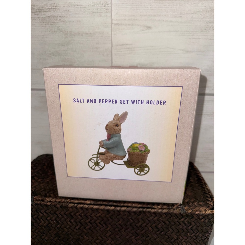 Cracker Barrel Easter Bunny on Tricycle Salt and Pepper Shaker Set with‎ Holder